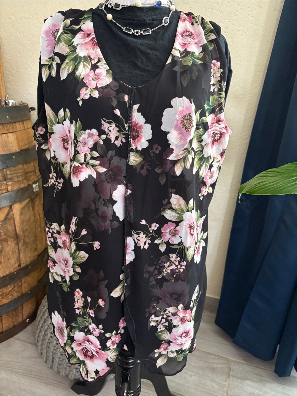 Black Floral Sleeveless Chiffon Blouse with Pink Blossoms